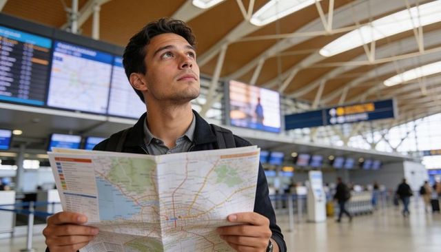 Hispanic traveler holding map and scanning departure screens at modern airport terminal
