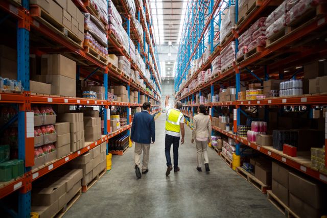 Team of professionals walking through warehouse aisle, inspecting inventory and storage. Ideal for use in business, logistics, supply chain management, and teamwork-related content.