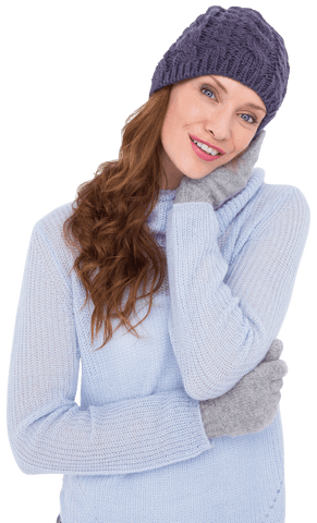Smiling Woman in Winter Clothing with Blue Sweater and Wool Hat Transparent Background