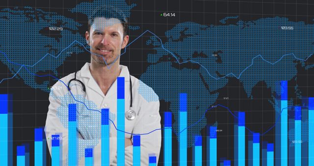 Financial data processing over world map against portrait of caucasian male doctor. global finance and medical science concept