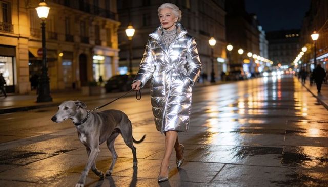 Chic silver puffer coat senior woman walking greyhound on wet city street at night