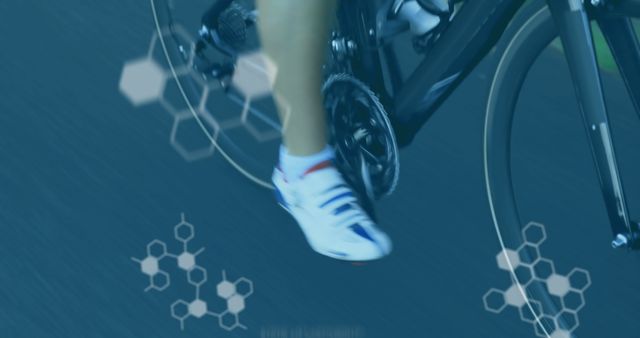 Close-up shows a cyclist wearing advanced gear and riding on an innovative bicycle. Visual elements suggest integration of biotechnology and enhancement features. Perfect for promoting fitness technology, high-performance sports gear, or innovation in bicycles.