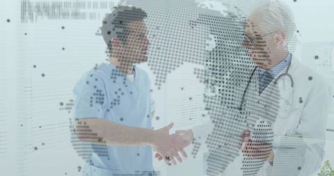 Healthcare Professionals Analyzing Global Health Data on Transparent Map