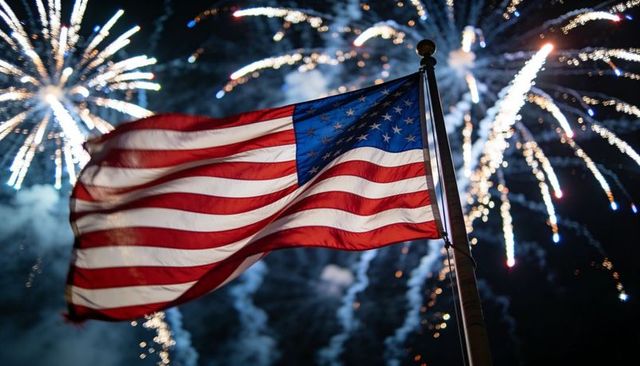 Billowing american flag under fireworks night sky celebrating fourth of july patriotic