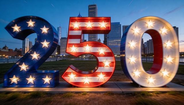 Illuminated patriotic 250 light sculpture at waterfront promenade during twilight