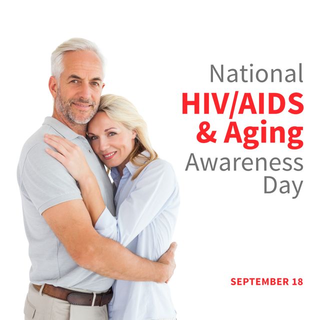 Portrait of caucasian elderly couple hugging with national hiv aids and aging awareness day text. Copy space, digital composite, hiv prevention, care and treatment for aging people, raise awareness.