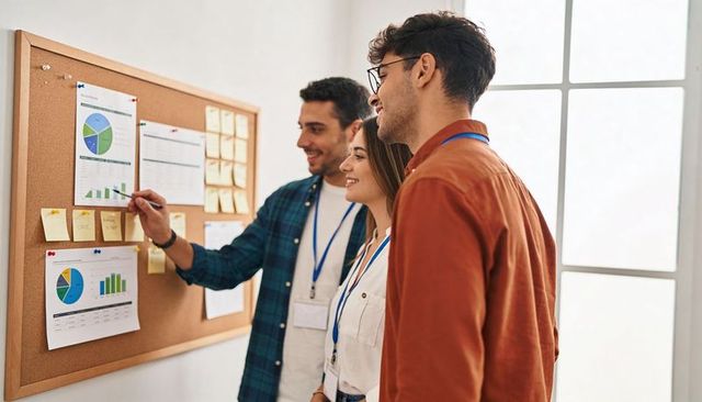 Reviewing marketing charts on cork board, young team analyzing data and planning strategy