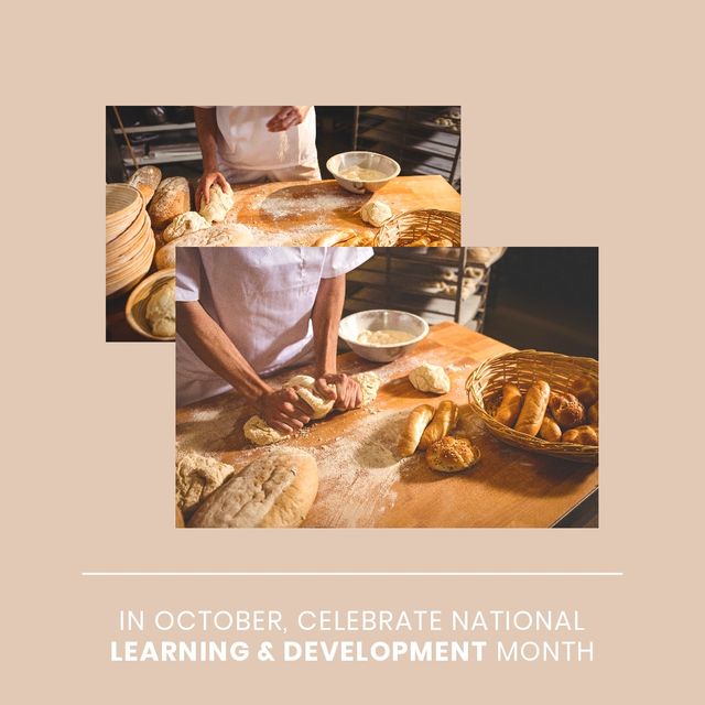 Square image of national learning and development month text with baking person. National learning and development month campaign.