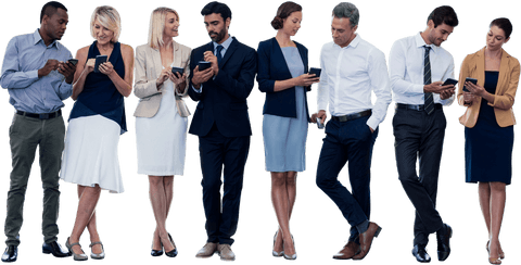 Diverse Professionals Engaging with Mobile Technology on Transparent Background