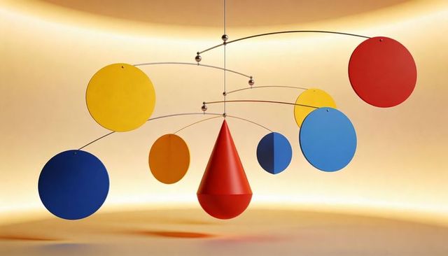 Hanging kinetic mobile balancing colorful circular discs with red teardrop counterweight
