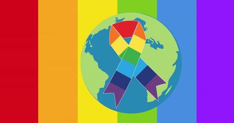 Uniting Globe with Rainbow Awareness Ribbon Over Colorful Stripes for Pride