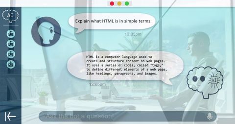ai chatbot explaining html to professional working on laptop - Download Free Stock Images Pikwizard.com