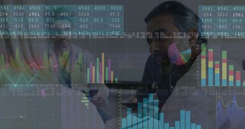 Bearded Businessman Analyzing Financial Data on Tablet with Overlaid Charts and Analytics