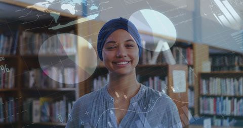 Smiling Student with Data Visualization Overlay in Library Setting