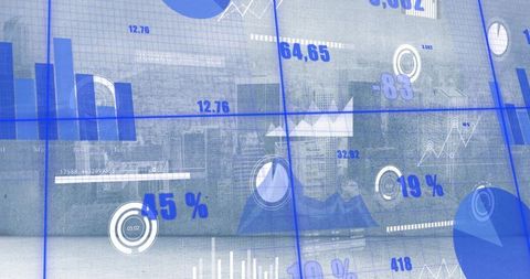 Blue financial dashboard displaying interactive analytics on glass panels over city skyline