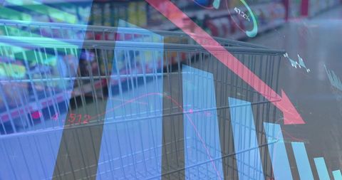 Shopping cart overlaying retail sales charts showing declining consumer spending and data