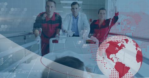 Multicultural medical team with digital global network overlay