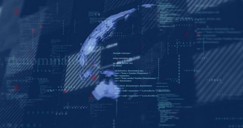 Rotating 3D globe with code streams and cybersecurity visualization for global network