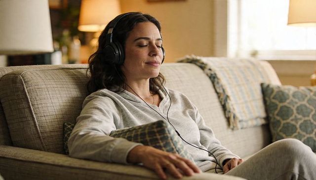 Woman relaxing on sofa with headphones in cozy loungewear listening to music and meditating