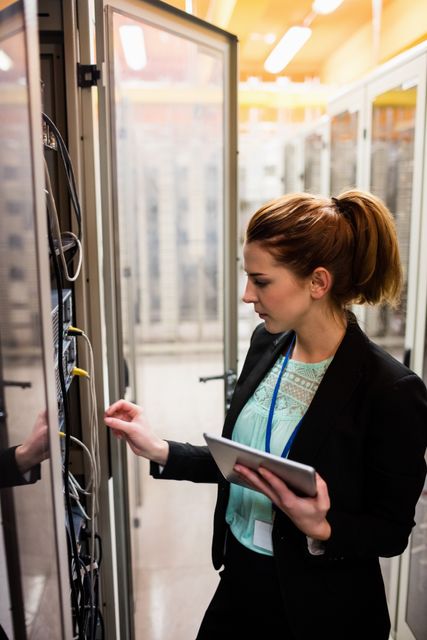 Young female technician is examining server equipment in a data center using a digital tablet. She appears focused and professional, indicating a high level of expertise in IT and networking. This image is suitable for illustrating concepts related to information technology, data management, network troubleshooting, IT careers, and professional environments in technology sectors.