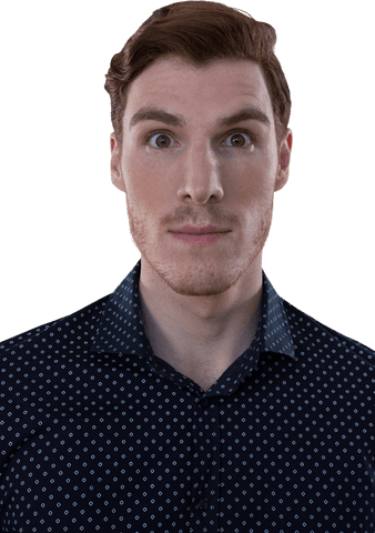Transparent confident man gazing toward camera, blue shirt