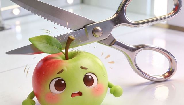 Trembling kawaii apple facing serrated scissors on glossy white countertop