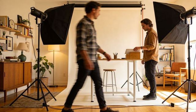 Arranging product shoot in home studio with softbox lighting and seamless backdrop