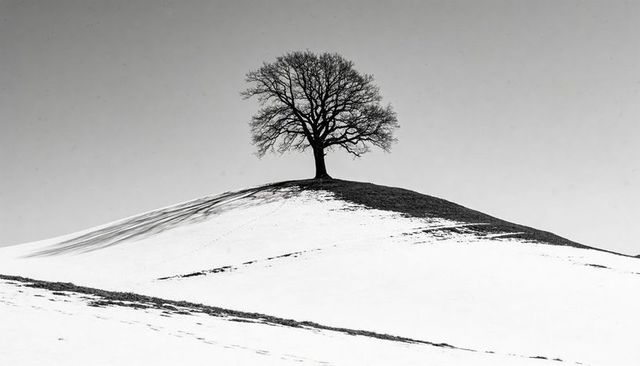 Solitary oak standing on snowy hilltop casting long diagonal shadow stark winter landscape