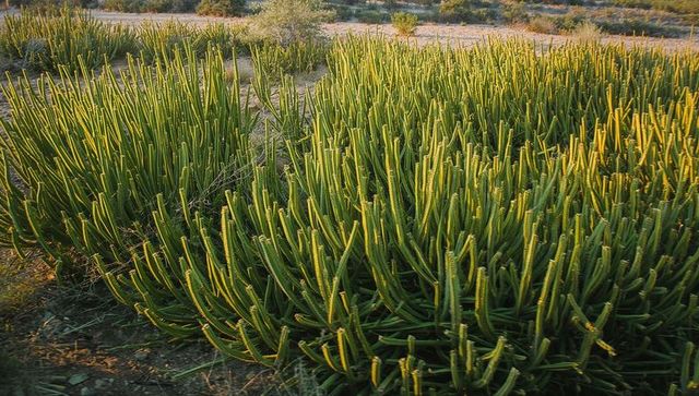 Pencil cactus clump glowing in golden desert light at dusk over sandy scrubland landscape