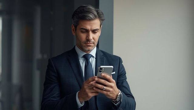 Businessman in Navy Suit Checking Smartphone in Office