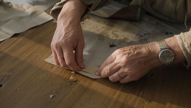 Folding paper on rustic wood table hands pressing crease for patterned craft detail