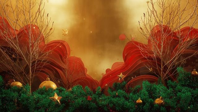 Festive garland with ornaments on elegant golden background