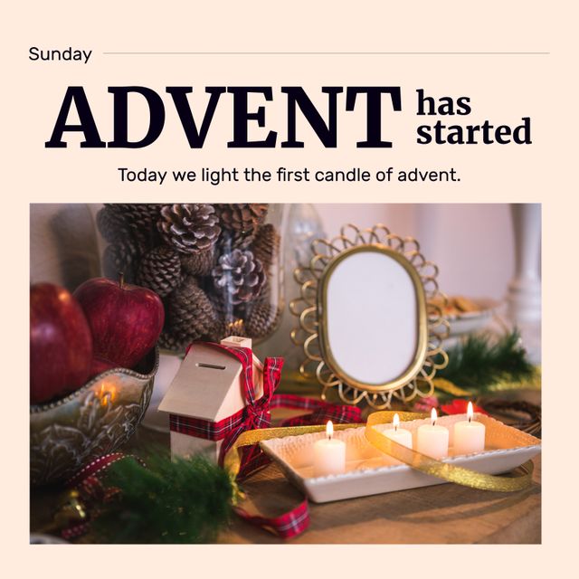 Composition of advent has started text with candles and decorations on beige background. Advent tradition and celebration concept digitally generated image.