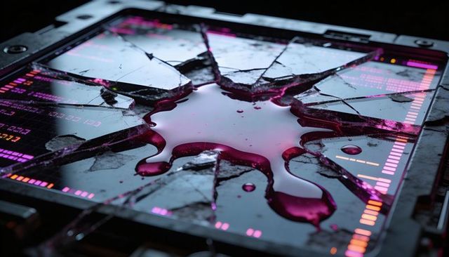 Cracked futuristic touchscreen leaking magenta liquid with neon ui bars and shattered glass