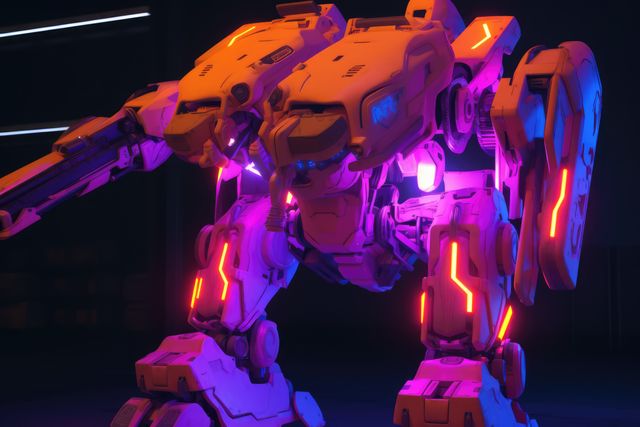 Pink and red mecha giant robot with lights, created using generative ai technology. Mecha, science fiction and machines concept digitally generated image.
