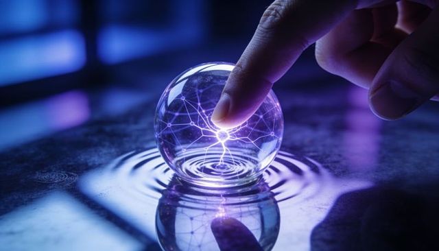 Finger touching glowing neural sphere causing ripples on glossy table futuristic ai interface