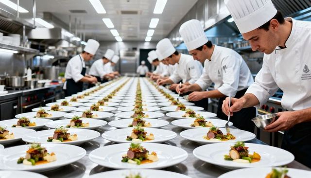 Culinary brigade plating hundreds of gourmet dishes on long stainless production line