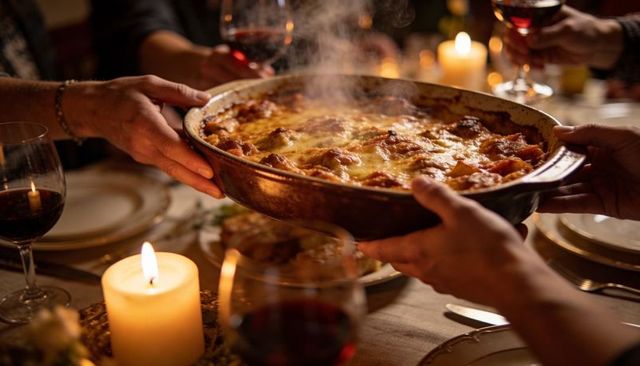 Friends passing steaming lasagna at candlelit dinner table sharing wine and warm conversation
