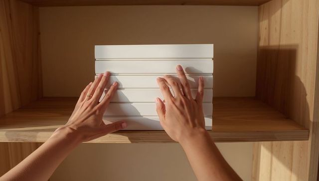 Placing white blind panels on wooden shelf casting warm sunlight and layered shadow lines
