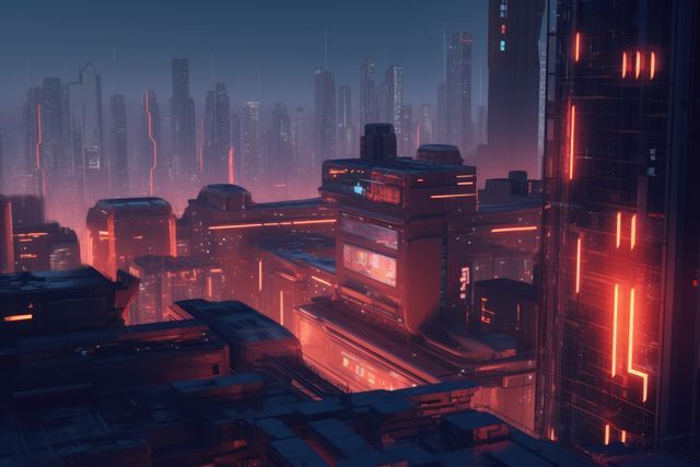Skyscrapers and red neon lights at night in cityscape, created using generative ai technology. Sci fi, cyberpunk, fantasy architecture and futuristic city concept digitally generated image.
