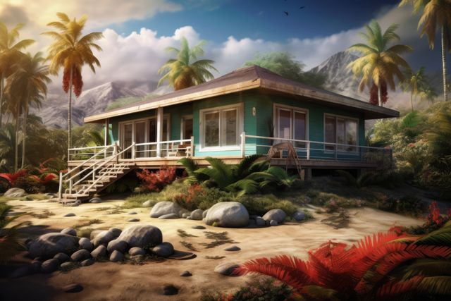 Green bungalow under palms in sunny nature and mountains, created using generative ai technology. Home, architecture and property concept digitally generated image.