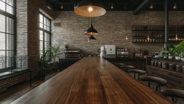 Rustic industrial coffee shop interior with long wooden table