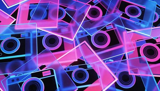 Neon synthwave camera frames layering magenta cyan gradient collage glowing retro pattern