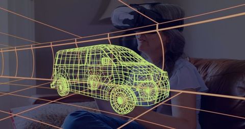 Woman experiencing virtual reality with 3d van hologram at home