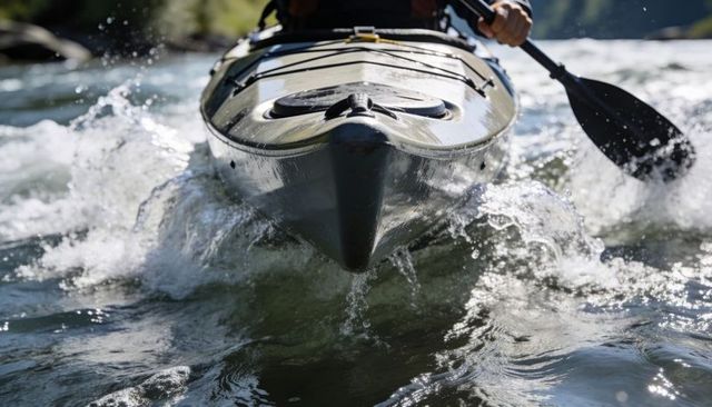 Solo kayak bow slicing through sunlit river rapids while paddler powering paddle stroke