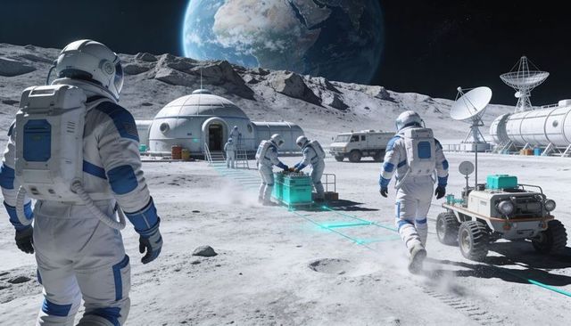 Astronaut Observing Lunar Base While Crew Transferring Cargo Near Rover and Dome Habitat