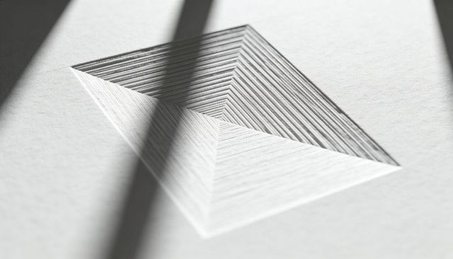 Minimalist recessed diamond embossing on paper with fine-line texture and diagonal shadows