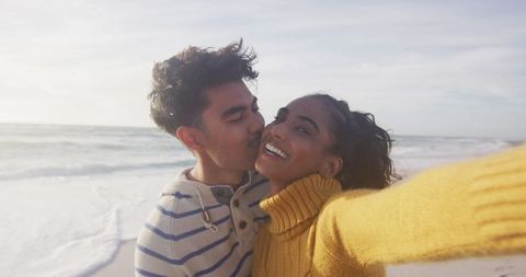 Happy Couple Taking Selfie on Beach During Holiday