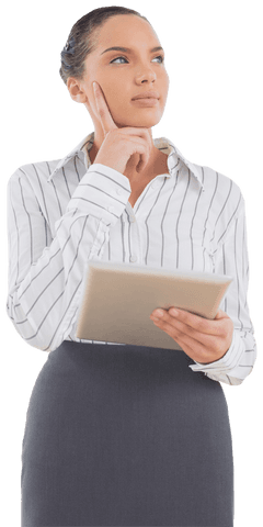 Thoughtful Businesswoman in Transparent Background with Tablet Cogitating
