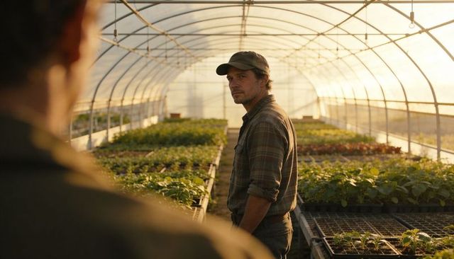 Sunlit nursery grower standing in hoophouse aisle with seed trays, cap, plaid shirt, jeans